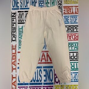 Pink rhyme stone logo Cream Jogger Pants Sz various